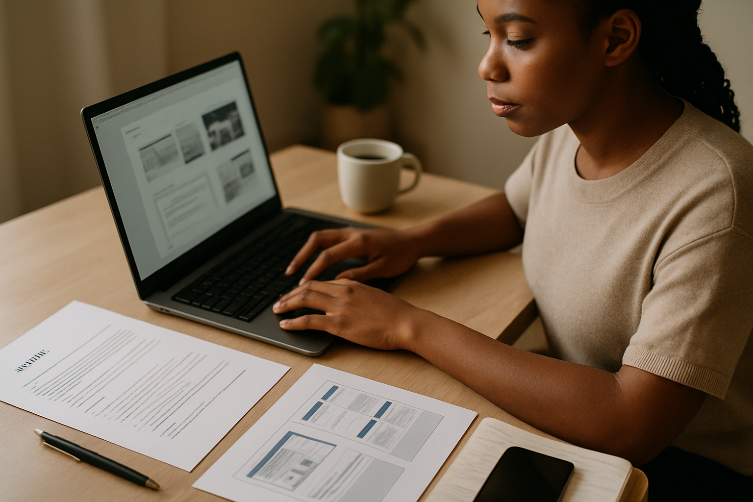 Person preparing a resume and portfolio on a laptop, with project screenshots and notes nearby