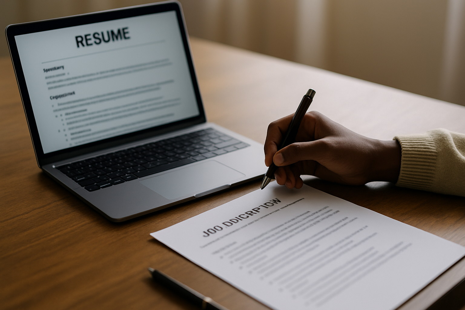 Person editing a resume on a laptop surrounded by notes and templates