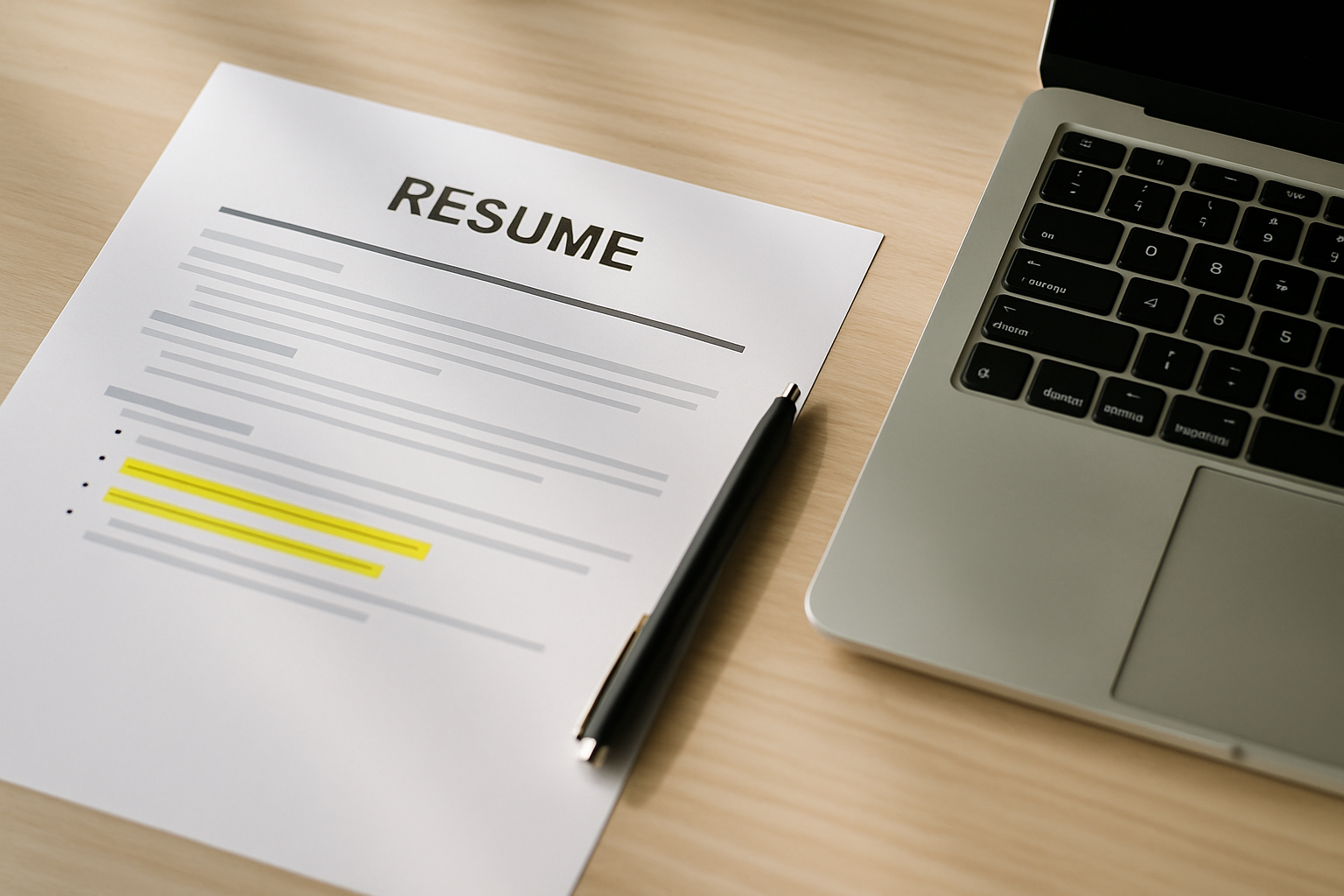 Close-up of a resume page with highlighted achievement bullets and a laptop nearby